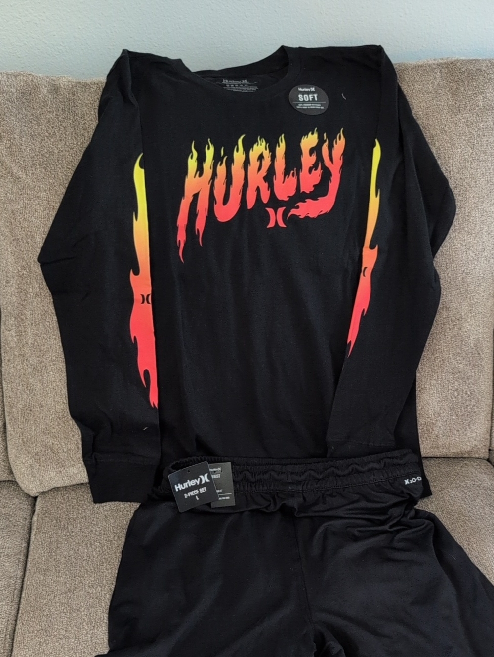 Hurley Black Long Sleeve Flame Logo Top and Black Shorts Set